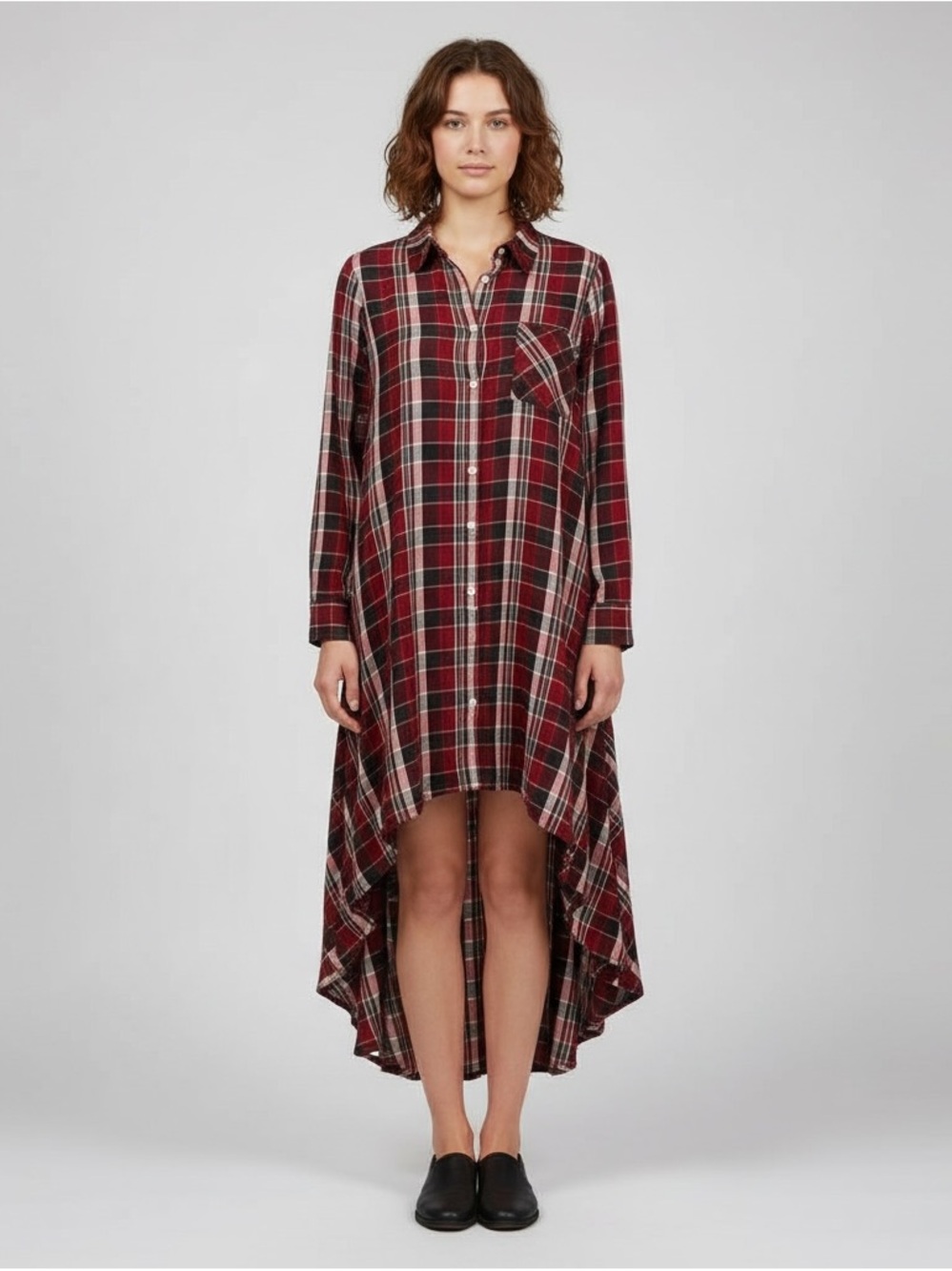 🔥Tulip Button-Front High-Low Lightweight Burgundy Plaid Swing Dress XL Pockets